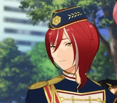 a close up of a anime character with red hair and a hat