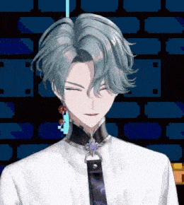 a man with blue hair and a white shirt is standing in front of a blue brick wall .