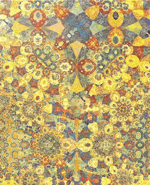 a colorful painting of circles and flowers on a blue background