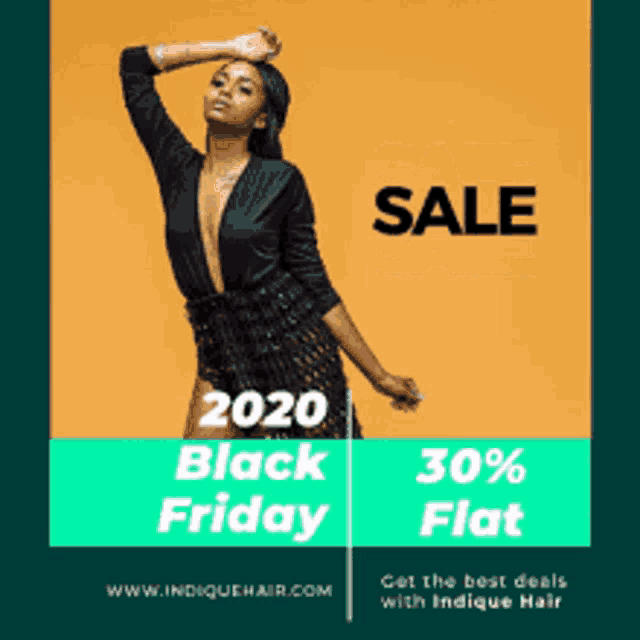 a woman in a black dress stands in front of a yellow background advertising a black friday sale