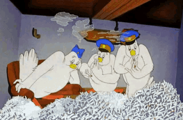 a cartoon of three chickens smoking cigarettes in a room