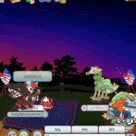 a screen shot of a video game with a purple sky in the background and a sign that says america on it