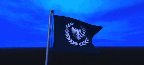 a black flag with an eagle and laurel wreath
