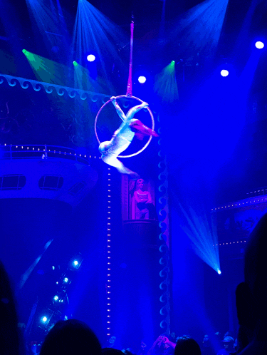 an aerial performer flies through the air on a stage with a sign that says spa