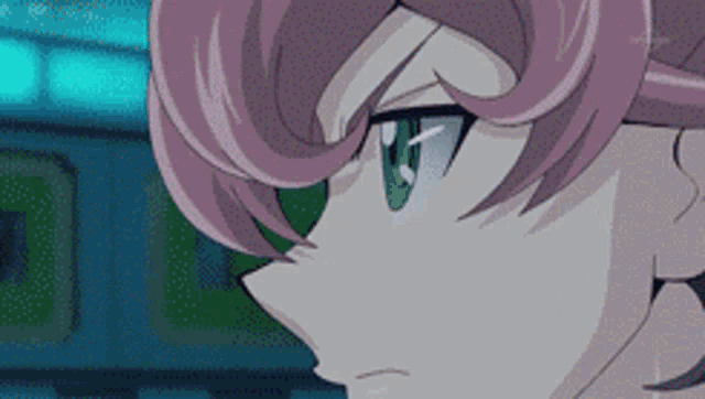 a close up of a girl 's face with pink hair and green eyes