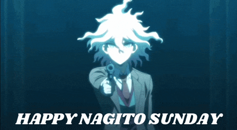 a man in a suit is holding a gun and the words happy nagito sunday are below him
