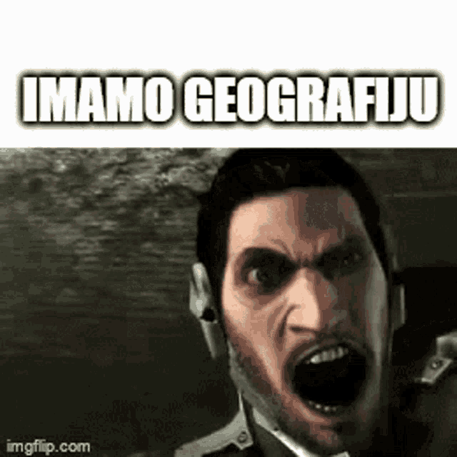 a man with a beard is screaming with his mouth open and the words imao geografiju written above him .