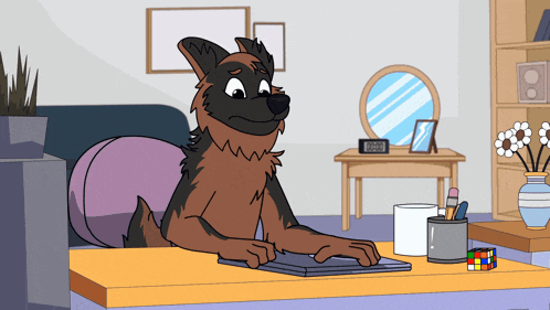 a cartoon of a dog sitting at a desk with a calculator on it