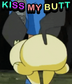 a cartoon character with the words " kiss my butt " on it