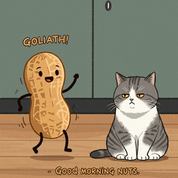 a cartoon of a peanut dancing next to a cat with the words good morning nuts below it