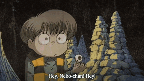 a cartoon character says hey neko-chan hey in front of some rocks