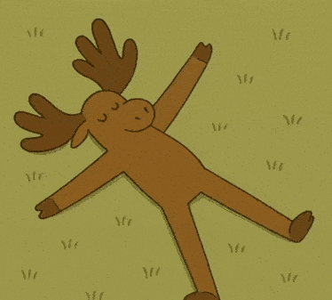 a cartoon moose laying on its back in the grass