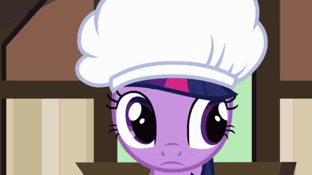 a purple pony wearing a white chef hat