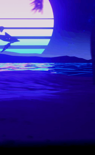 a dolphin is swimming in the ocean in a purple light