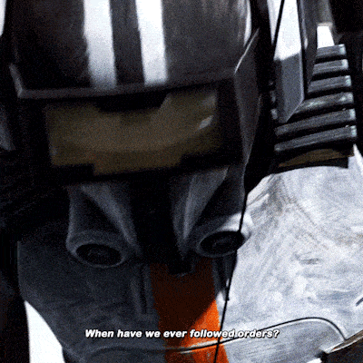 a close up of a robot 's face with the words " when have we ever followed orders " written below it