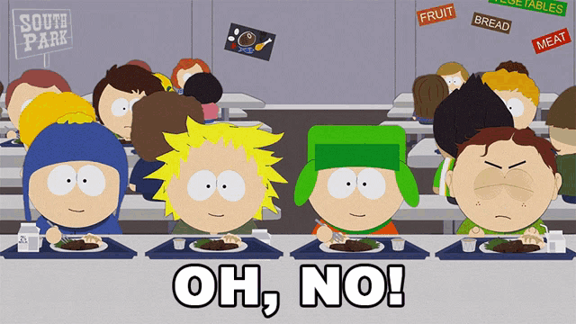 a group of south park characters are sitting at a table eating