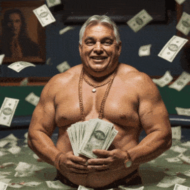 a shirtless man in a bathtub holding a stack of money with a 10 dollar bill on it