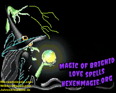 a picture of a witch with the words " magic of bright love spells " on the bottom