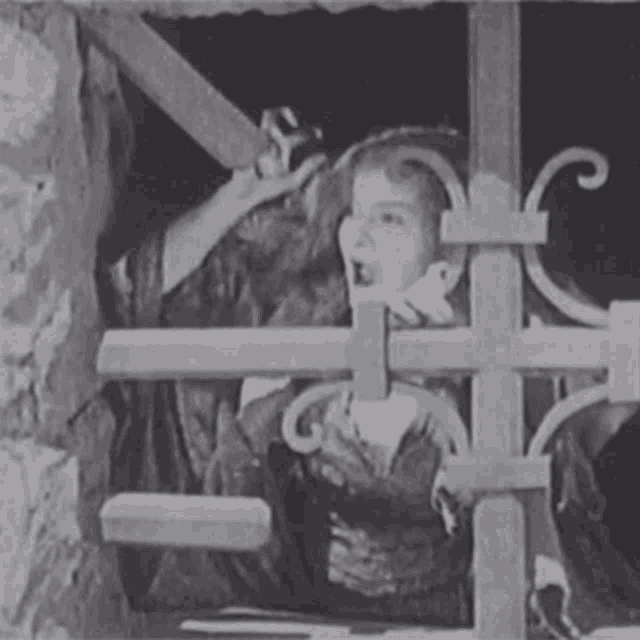 a black and white photo of a person behind a wooden fence