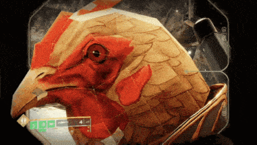a video game screen shows a chicken 's head and says ' chicken ' on the bottom left