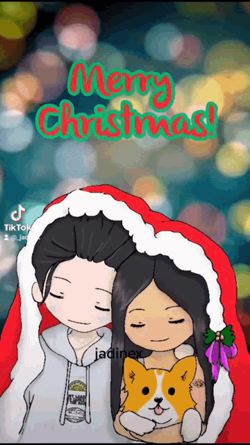 a merry christmas greeting card with a girl and a boy