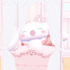 cinnamoroll is sleeping in a pink canopy bed with a crown on his head .