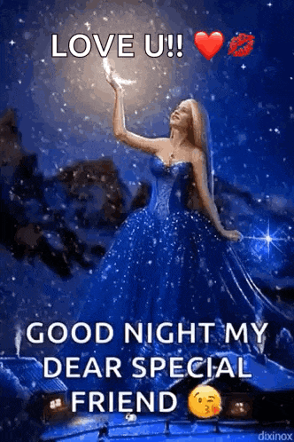 a woman in a blue dress is holding a crescent moon and wishing a good night to her dear special friend .