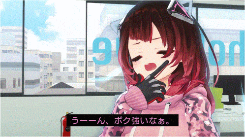 a girl with red hair is holding a fire extinguisher in front of a window