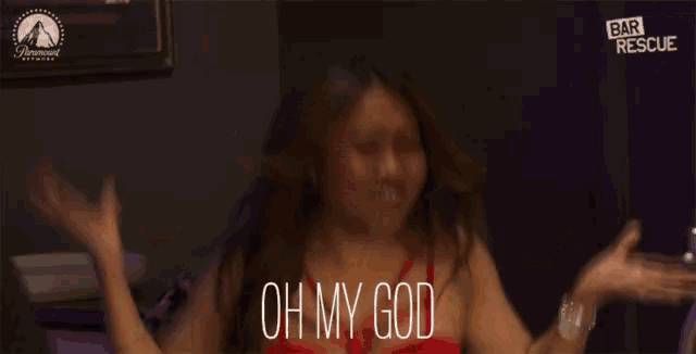 a woman in a red dress says oh my god in front of a paramount network logo