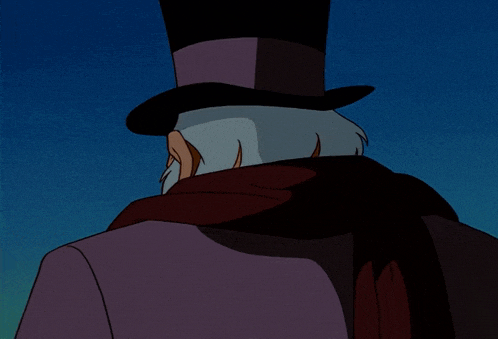 a cartoon character wearing a top hat and a scarf