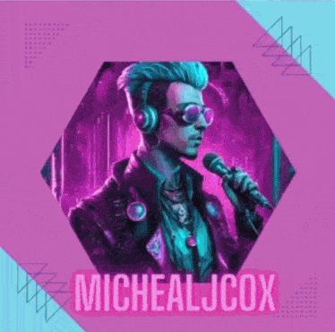 a man wearing headphones and sunglasses singing into a microphone with the name micheal jcox on the bottom