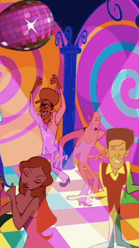 a group of people are dancing in a room with a disco ball