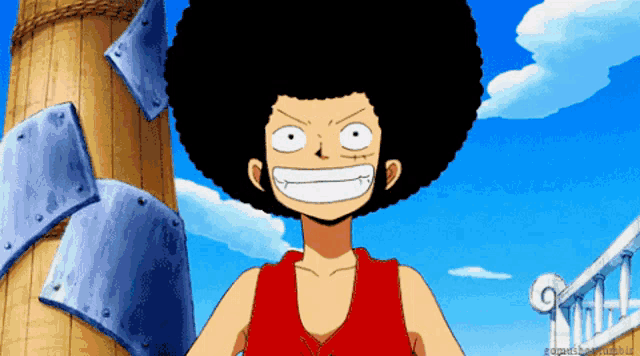 a cartoon character has an afro and is smiling