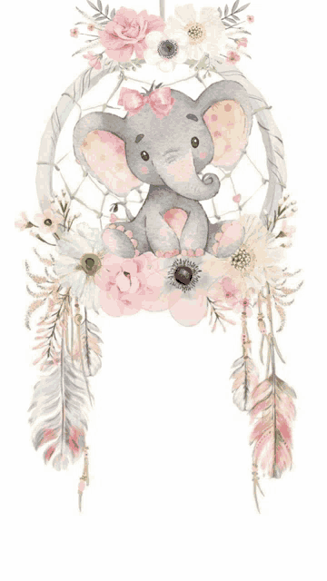 a baby elephant is sitting in a dream catcher with flowers and feathers