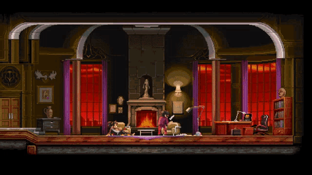 a pixel art drawing of a room with a fireplace and purple curtains