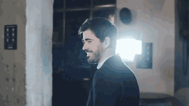 a man with a beard is smiling in a room