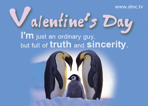 a poster for valentine 's day with two penguins and a baby penguin