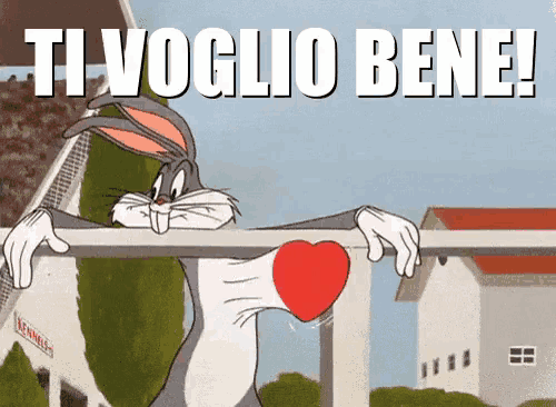 bugs bunny is holding a heart over a railing with the words ti voglio bene below him