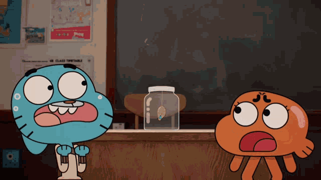 gumball and darwin from the amazing world of gumball are sitting in front of a blackboard