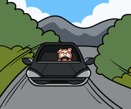 a cartoon drawing of a car with a teddy bear driving it