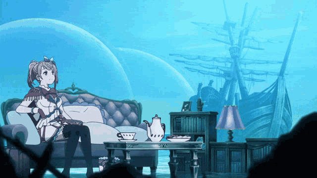 a girl sits on a couch in a room with a boat in the background