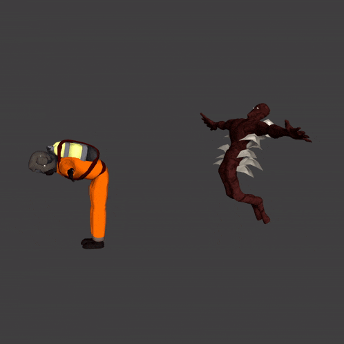 a computer generated image of a man in an orange suit and a monster