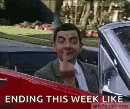 a man in a suit and tie is giving the middle finger in a car with the words ending this week like below him