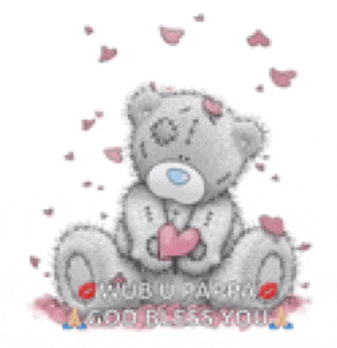 a teddy bear holding a pink heart with the words " god bless you " on the bottom