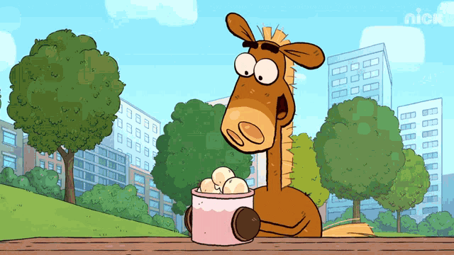 a cartoon of a horse holding a cup of hot chocolate with the nick logo in the background