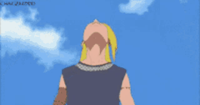 a cartoon character with yellow hair and a bandana on his head is standing next to another character .