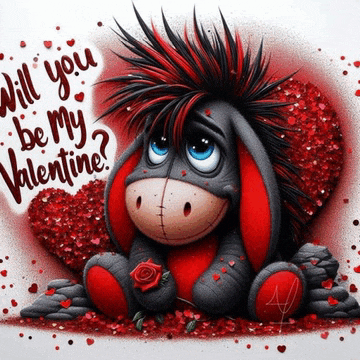 a donkey sitting in front of a red heart with the words will you be my valentine written on it