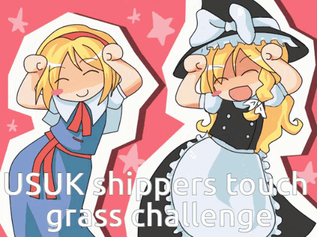 a cartoon of two girls with the words ' usuk shippers touch grass challenge ' at the bottom