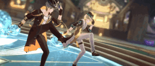 a video game character is kicking another character 's foot