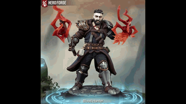 a video game character named blood hunter is holding a sword and shield